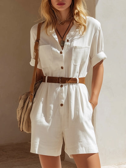 Elegant "Old Money" Style White Cotton-Linen Short-Sleeve Jumpsuit