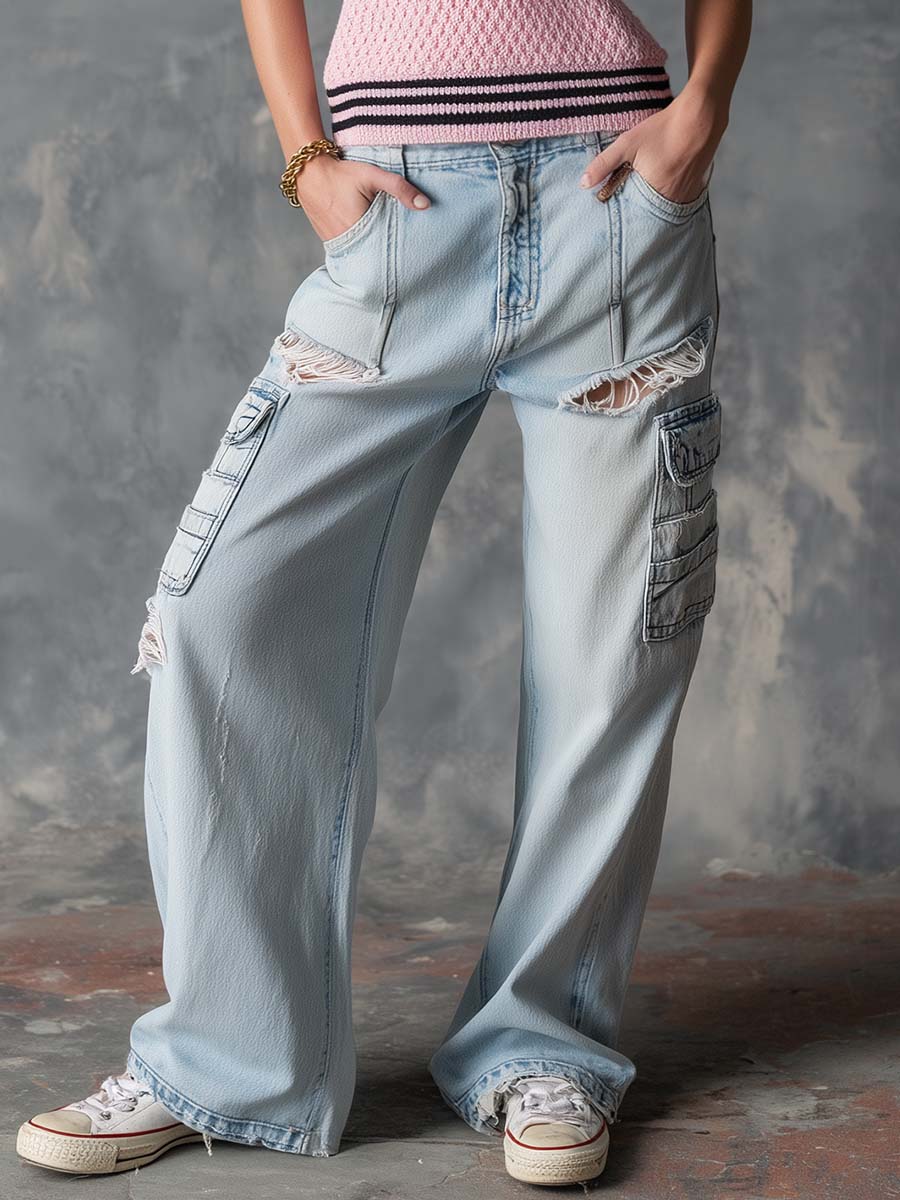 Rowan Light Wash Cargo Denim Jeans Effortless Street Energy