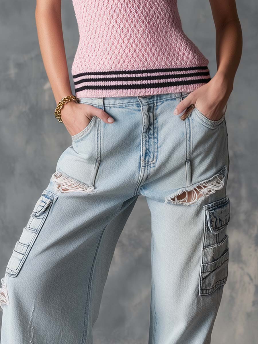 Rowan Light Wash Cargo Denim Jeans Effortless Street Energy