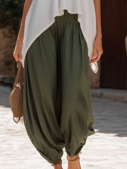 Retro Casual White Turtleneck Sleeveless Top And Green Lantern Pants Set