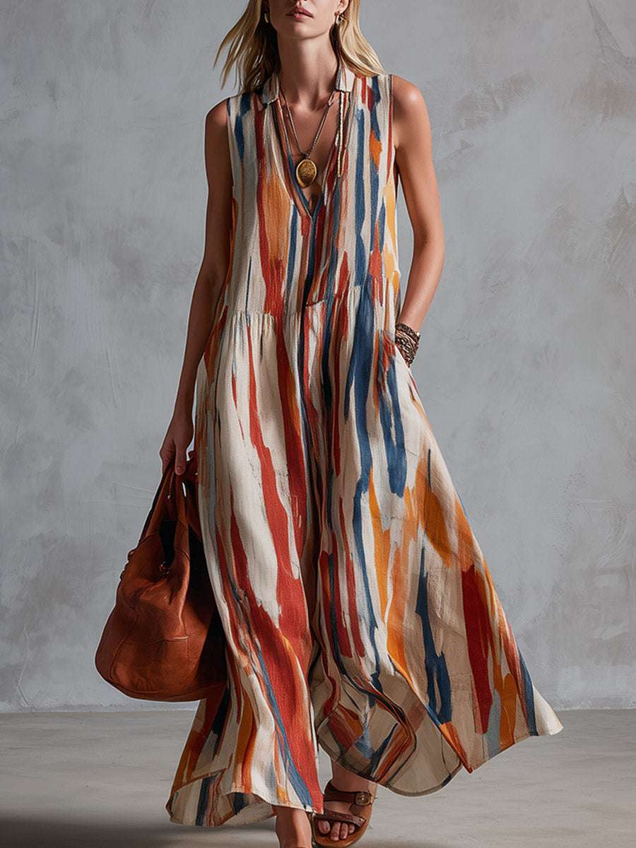 Retro-Chic Beige Abstract Striped Cotton-Linen Maxi Dress