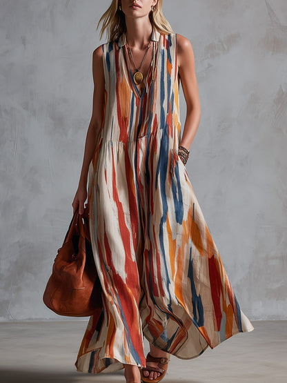 Retro-Chic Beige Abstract Striped Cotton-Linen Maxi Dress