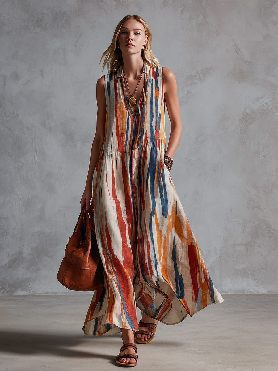 Retro-Chic Beige Abstract Striped Cotton-Linen Maxi Dress