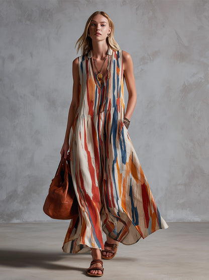 Retro-Chic Beige Abstract Striped Cotton-Linen Maxi Dress