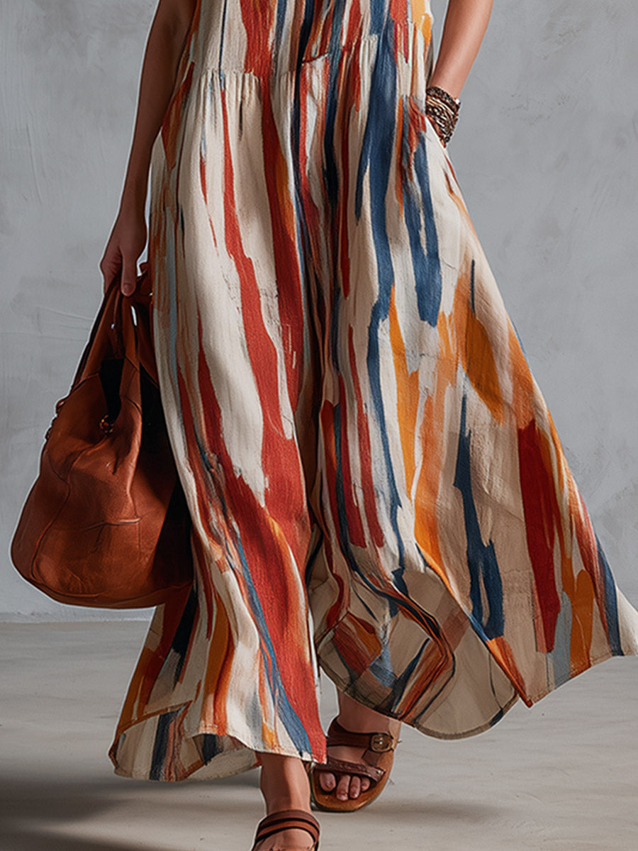 Retro-Chic Beige Abstract Striped Cotton-Linen Maxi Dress
