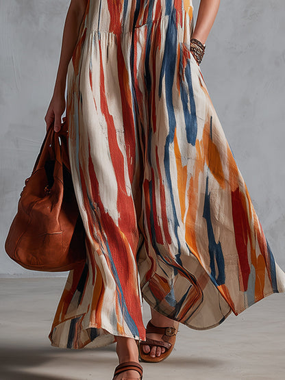 Retro-Chic Beige Abstract Striped Cotton-Linen Maxi Dress