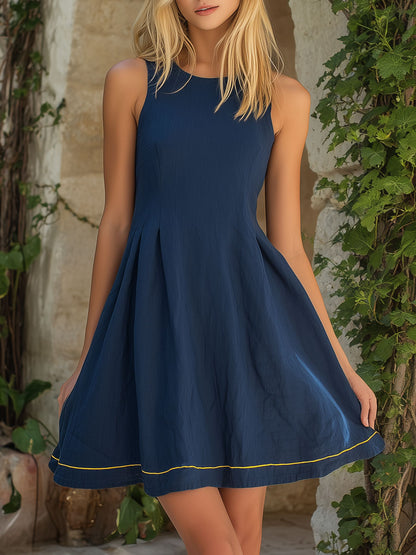 Retro Elegant Blue Sleeveless Color-blocked Ribbon Cotton-linen Mini Dress