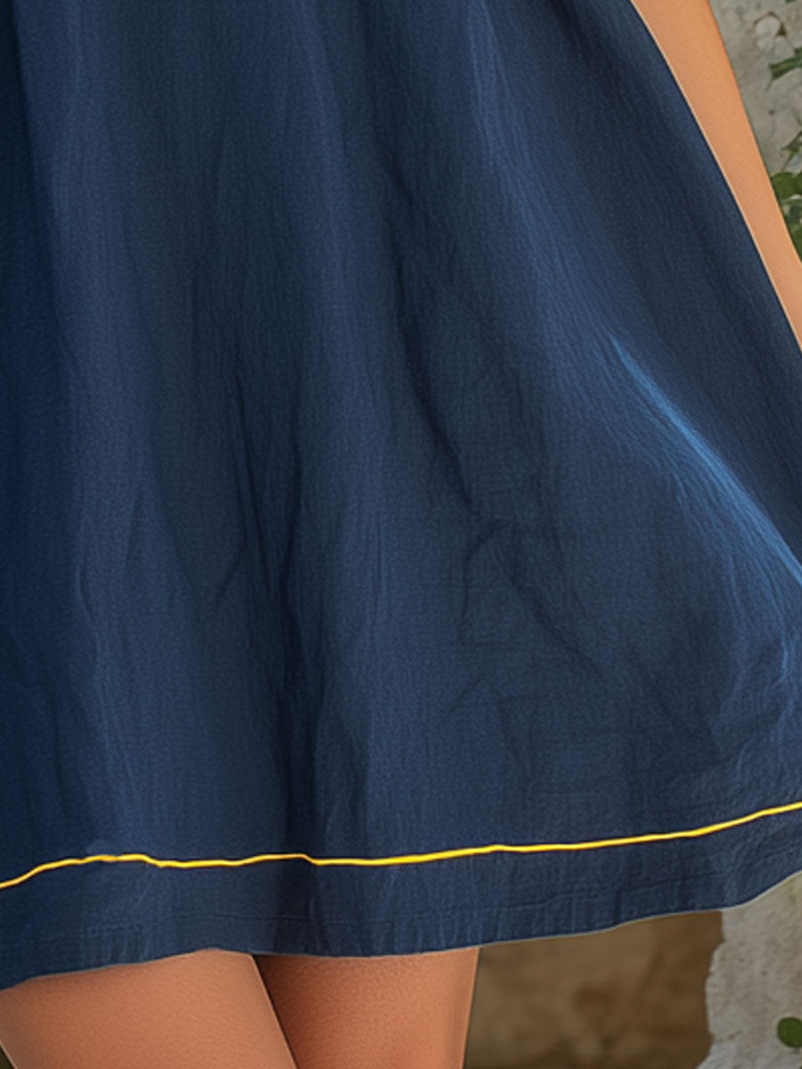 Retro Elegant Blue Sleeveless Color-blocked Ribbon Cotton-linen Mini Dress
