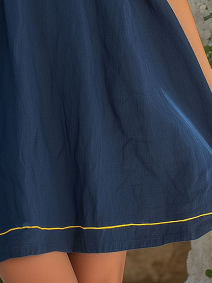 Retro Elegant Blue Sleeveless Color-blocked Ribbon Cotton-linen Mini Dress