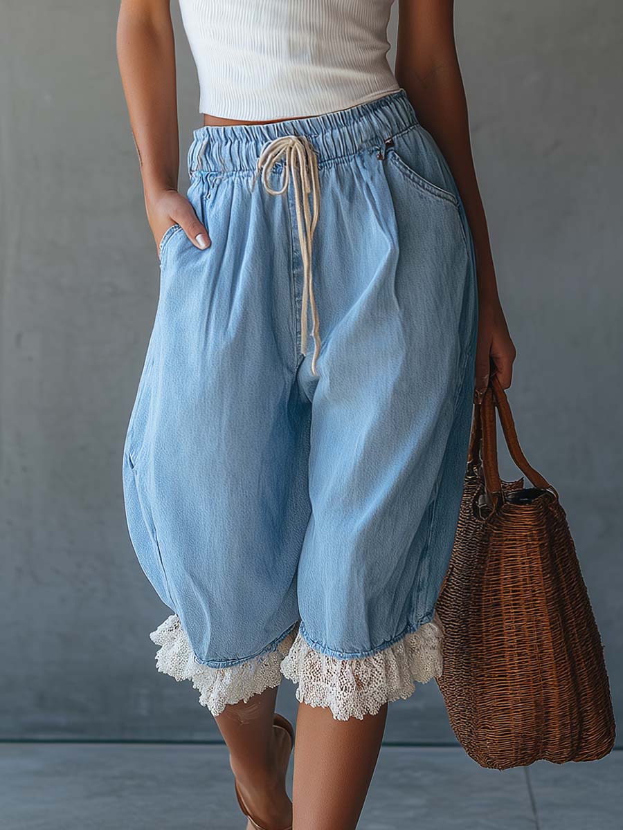 Elara Lace Hem Denim Bloomers Effortless Boho Ease