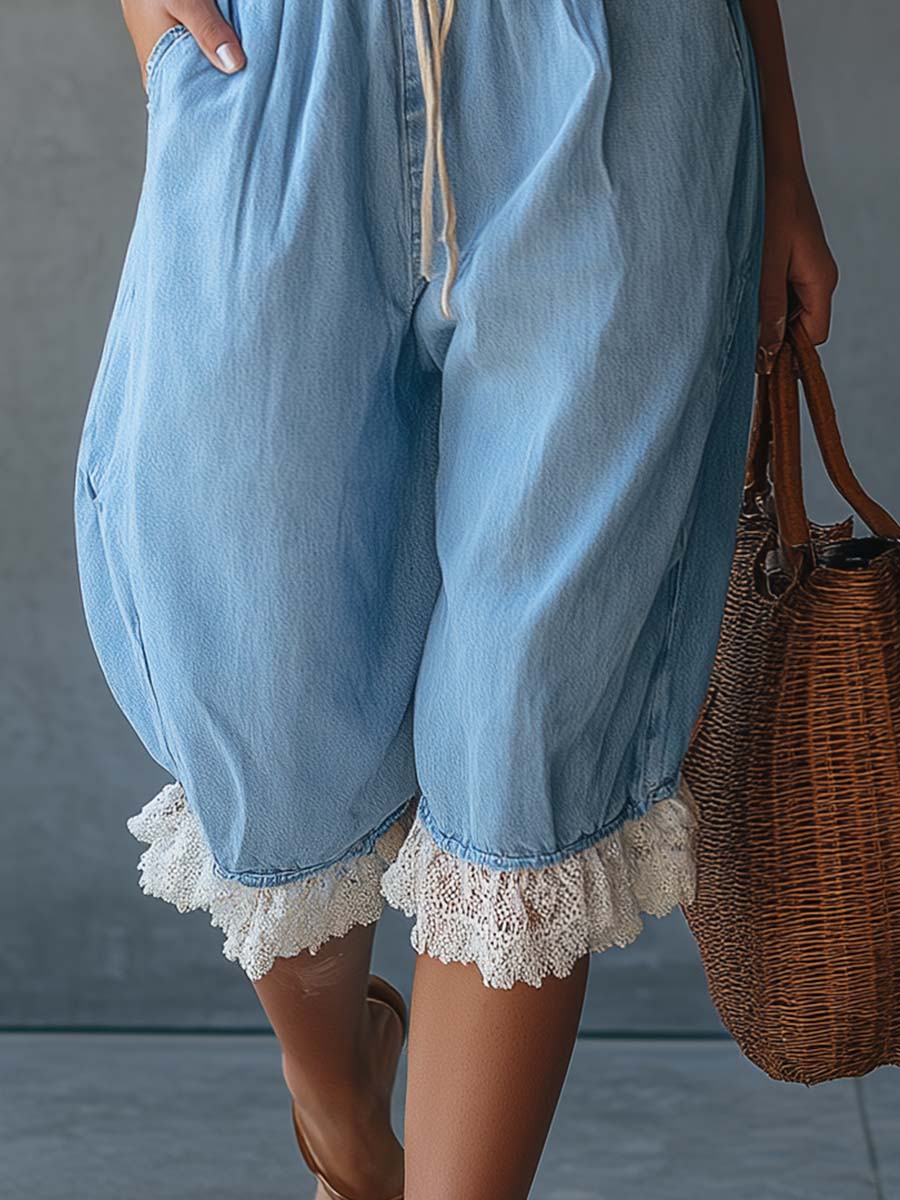 Elara Lace Hem Denim Bloomers Effortless Boho Ease