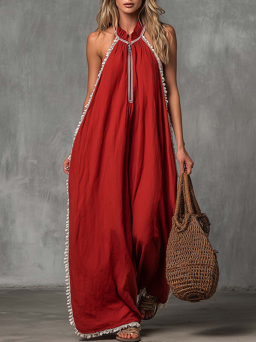 Valencia Crimson Cotton Linen Blend Jumpsuit Effortless Vacation Glam