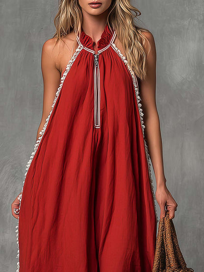 Valencia Crimson Cotton Linen Blend Jumpsuit Effortless Vacation Glam