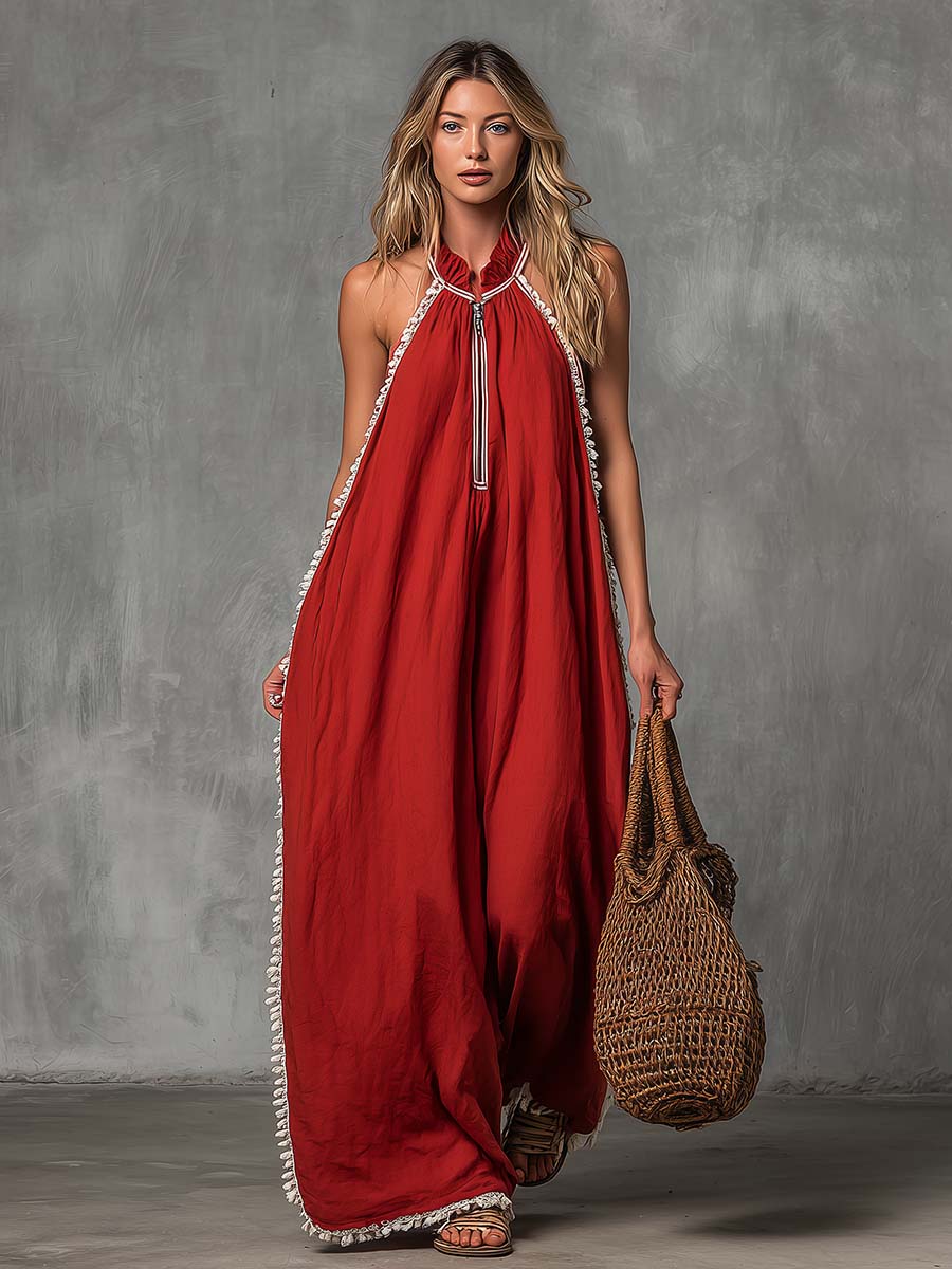Valencia Crimson Cotton Linen Blend Jumpsuit Effortless Vacation Glam