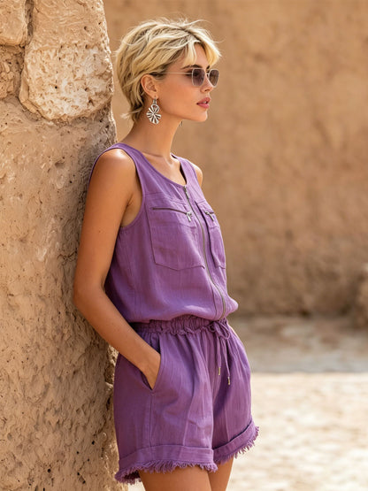 Purple Crew Neck Zip-up Cotton Linen Sleeveless Top And Shorts Set