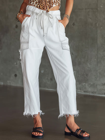 Casual Retro Elastic Waist Frayed White Jeans