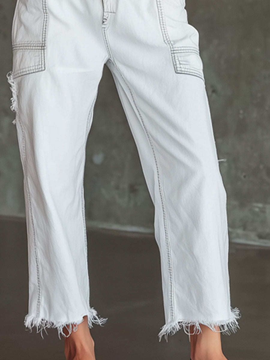 Casual Retro Elastic Waist Frayed White Jeans