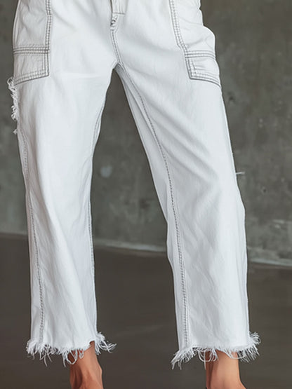 Casual Retro Elastic Waist Frayed White Jeans