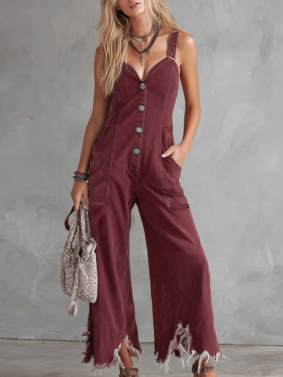 Retro-Casual Raw-Hem Burgundy Denim Jumpsuit