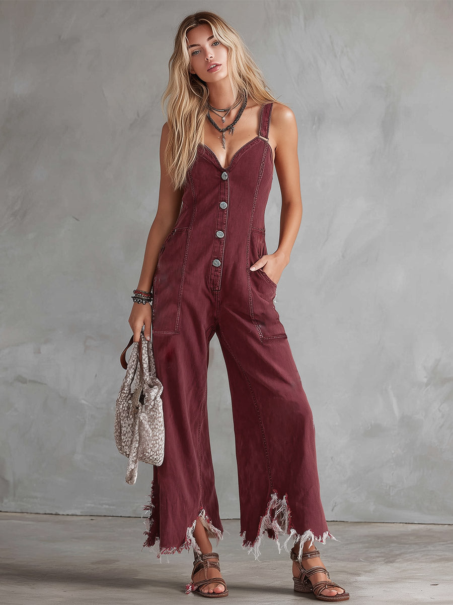 Retro-Casual Raw-Hem Burgundy Denim Jumpsuit