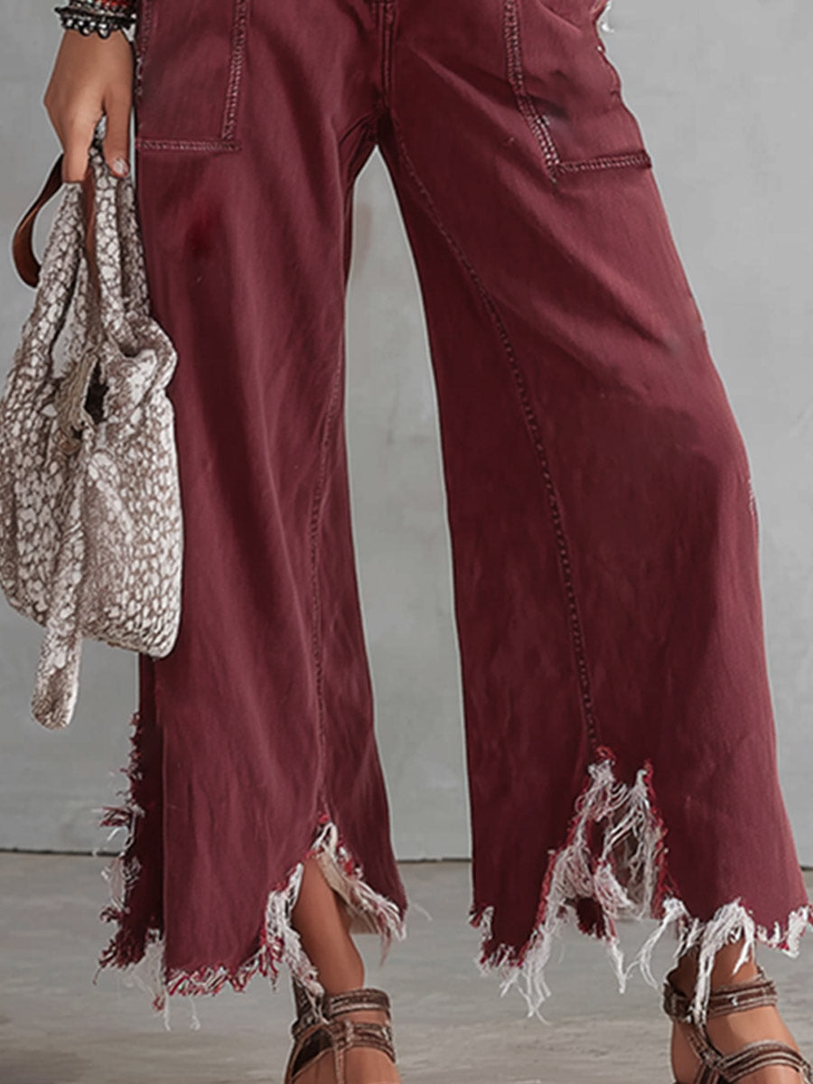 Retro-Casual Raw-Hem Burgundy Denim Jumpsuit