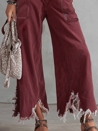 Retro-Casual Raw-Hem Burgundy Denim Jumpsuit