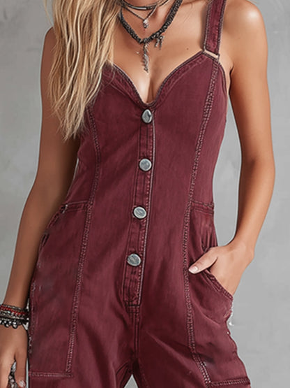 Retro-Casual Raw-Hem Burgundy Denim Jumpsuit