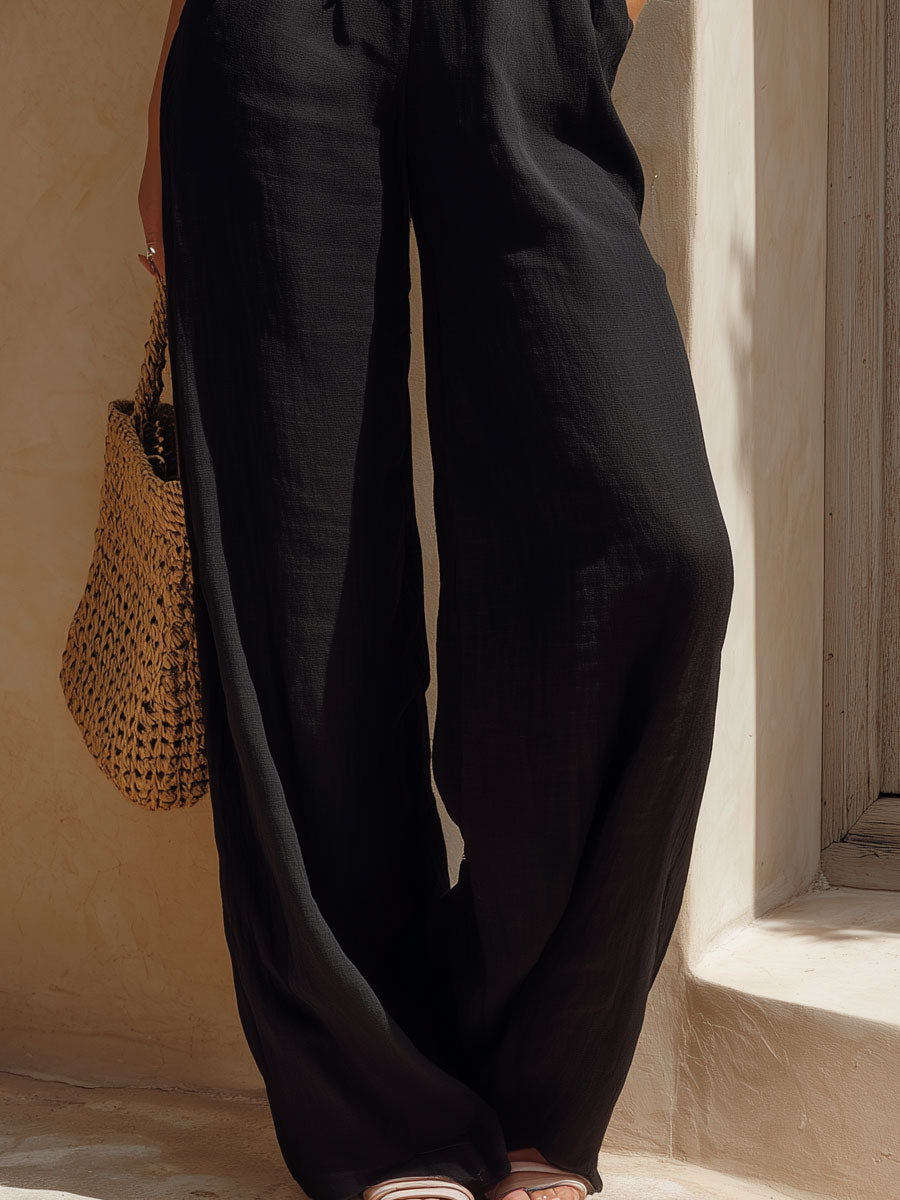 Retro-Elegant Black Strapless Ruffled Cotton-Linen Top And Pants Set