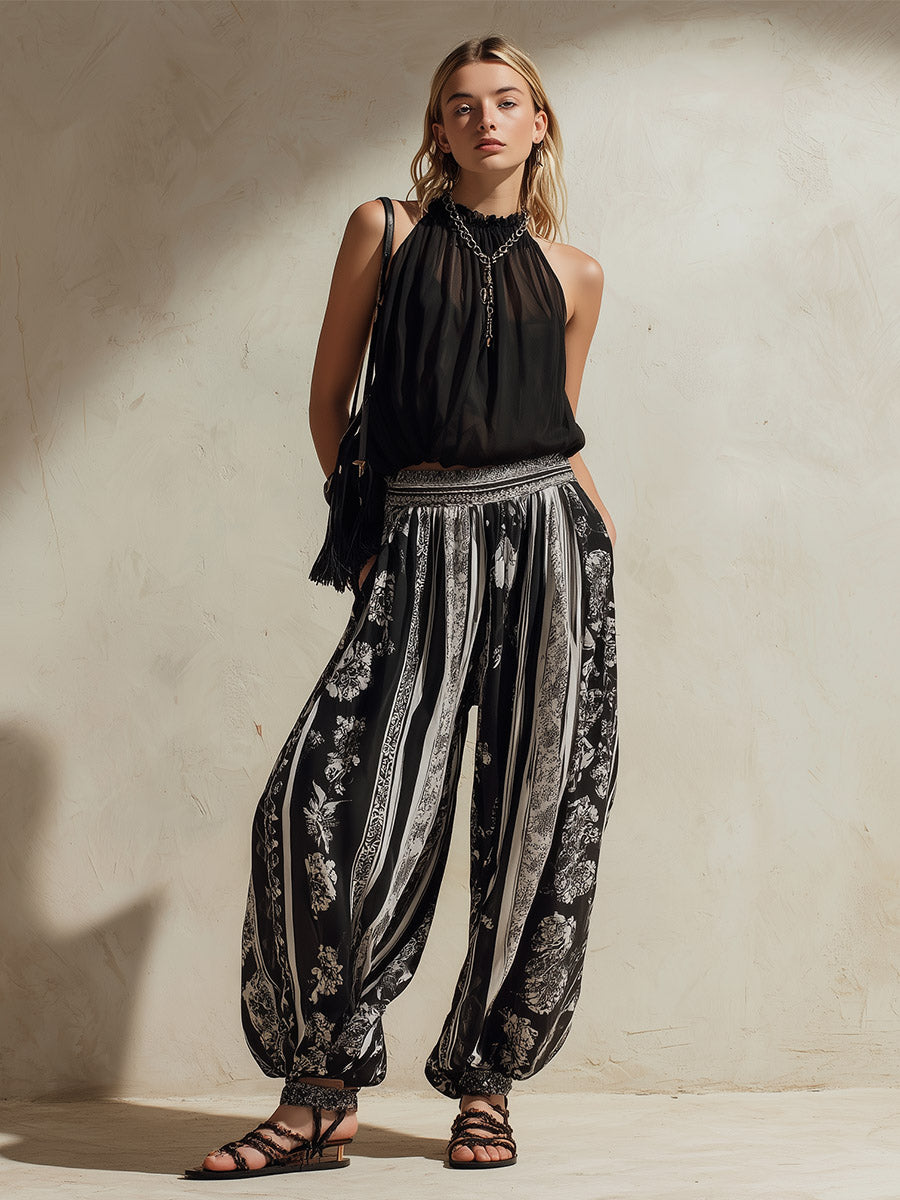 Elegant &amp; Versatile Black Chiffon Top And Printed Balloon Pants Set