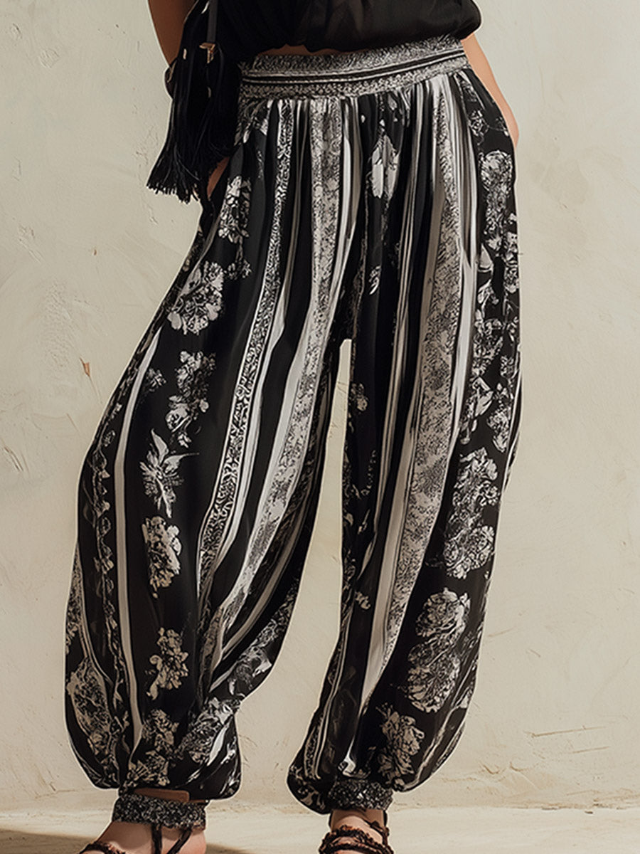 Elegant &amp; Versatile Black Chiffon Top And Printed Balloon Pants Set