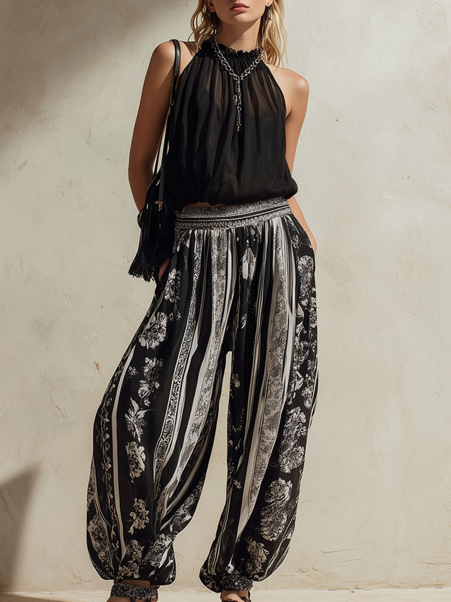 Elegant &amp; Versatile Black Chiffon Top And Printed Balloon Pants Set