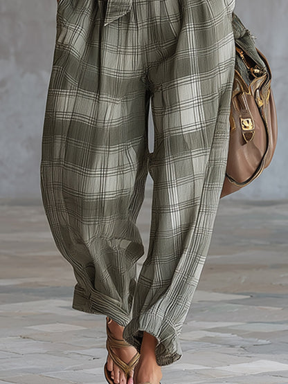 Retro &amp; Elegant Green Plaid Print Cotton-Linen Jumpsuit