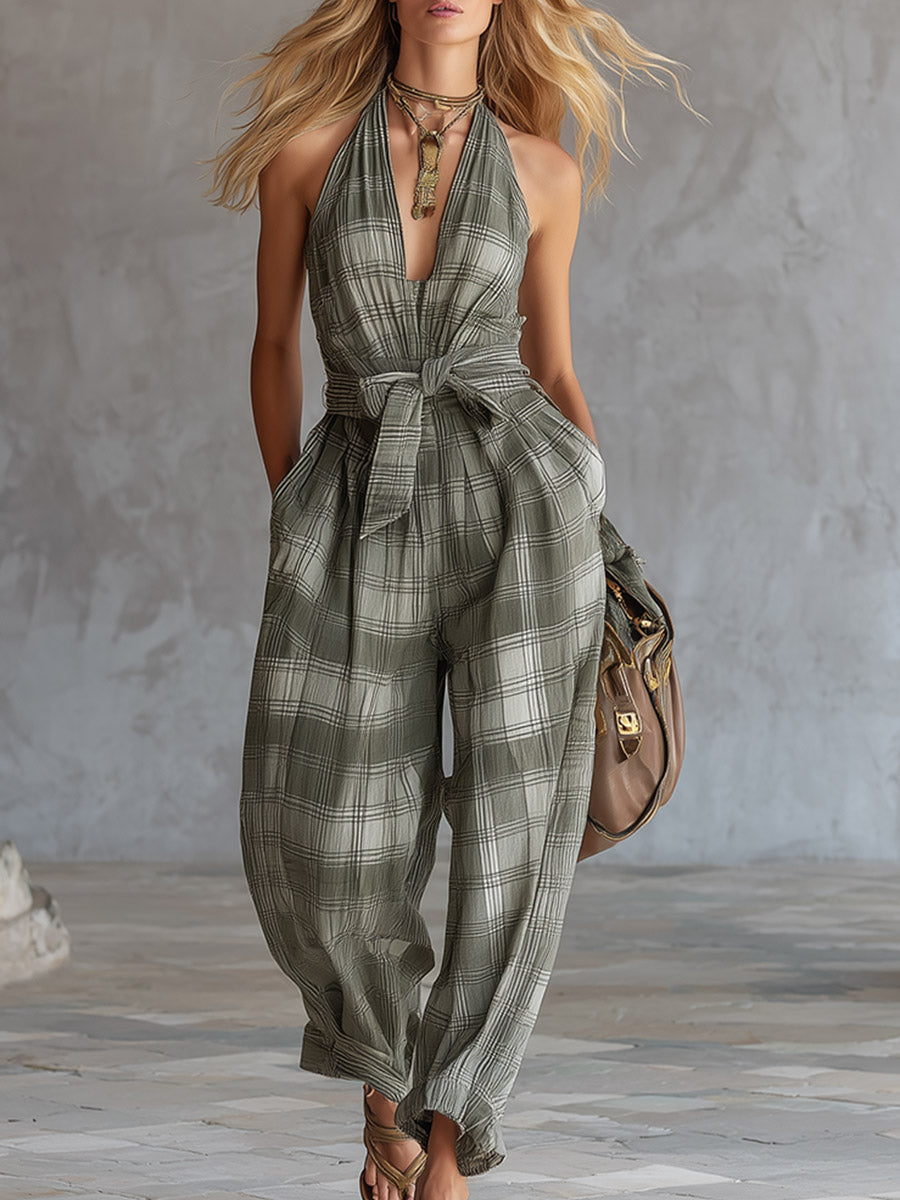 Retro &amp; Elegant Green Plaid Print Cotton-Linen Jumpsuit