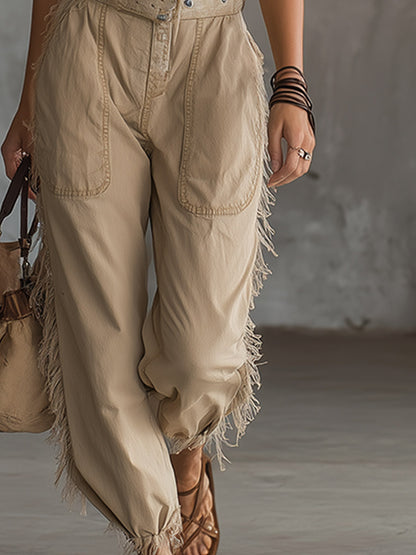 Casual Retro Beige Fringed Denim V-Neck Jumpsuit