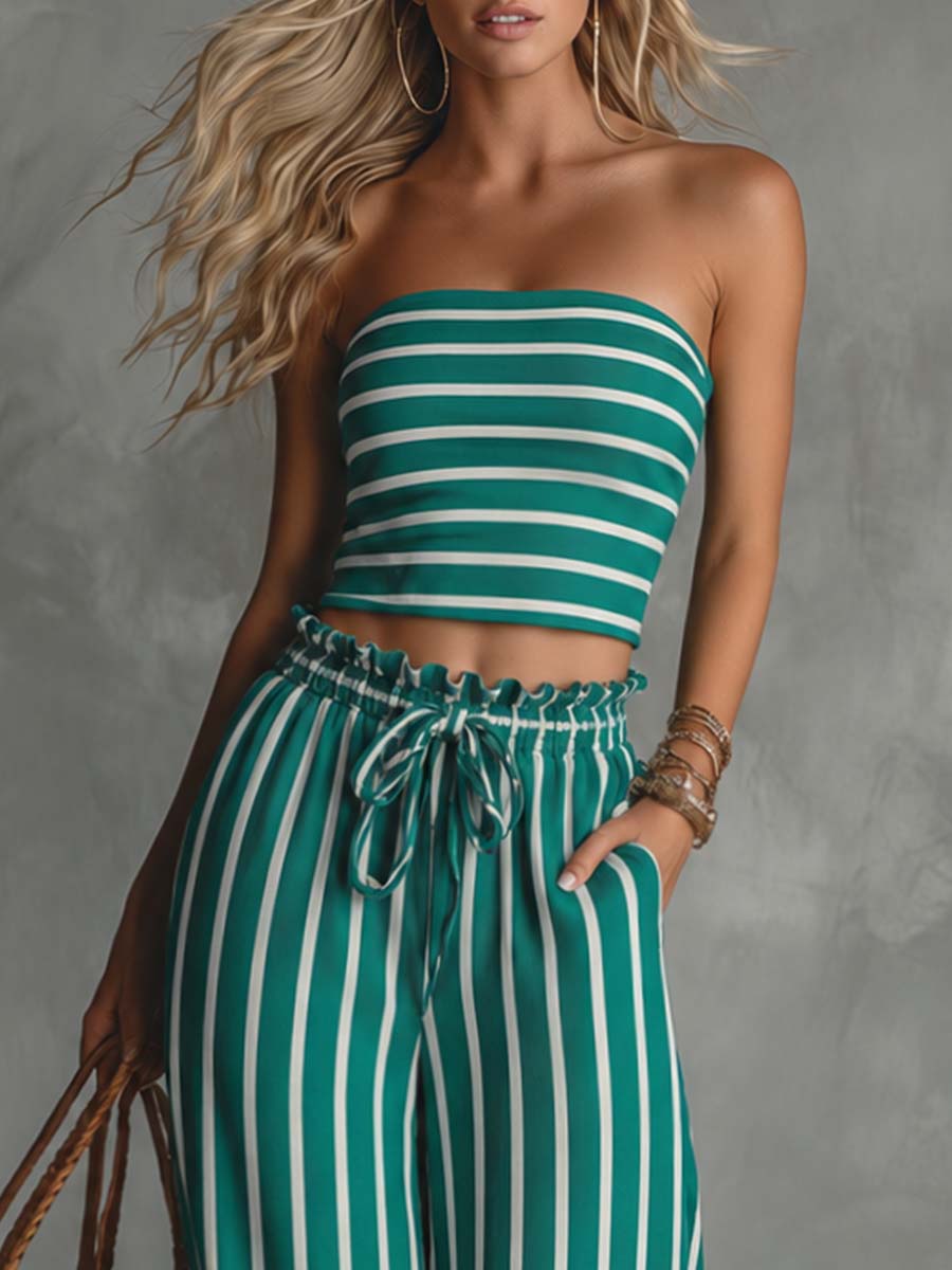 Riviera Emerald Stripe Pant Set Effortless Coastal Glam