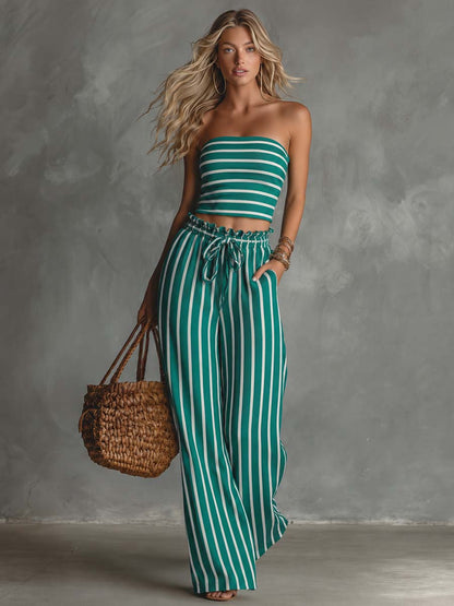 Riviera Emerald Stripe Pant Set Effortless Coastal Glam