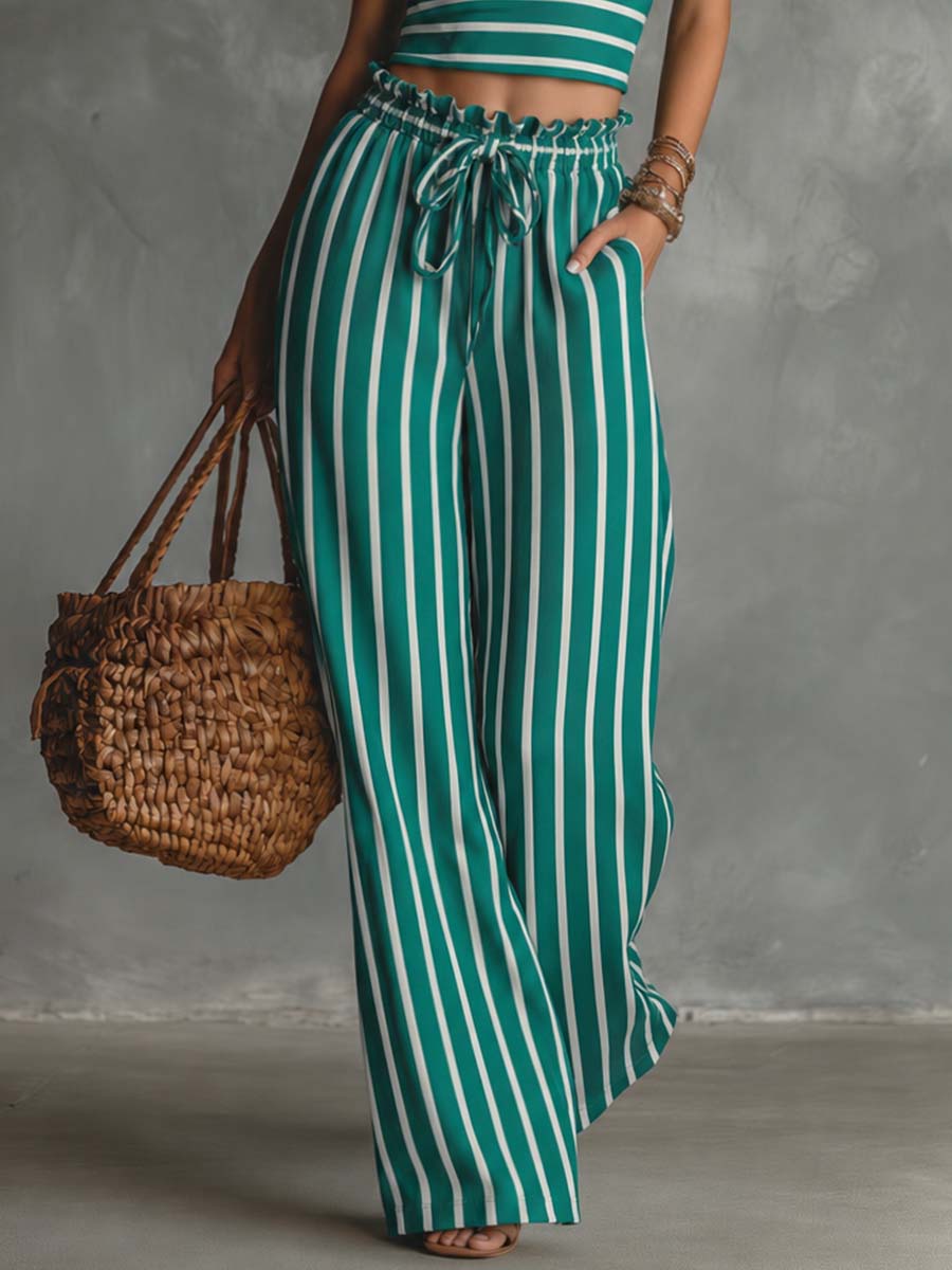 Riviera Emerald Stripe Pant Set Effortless Coastal Glam