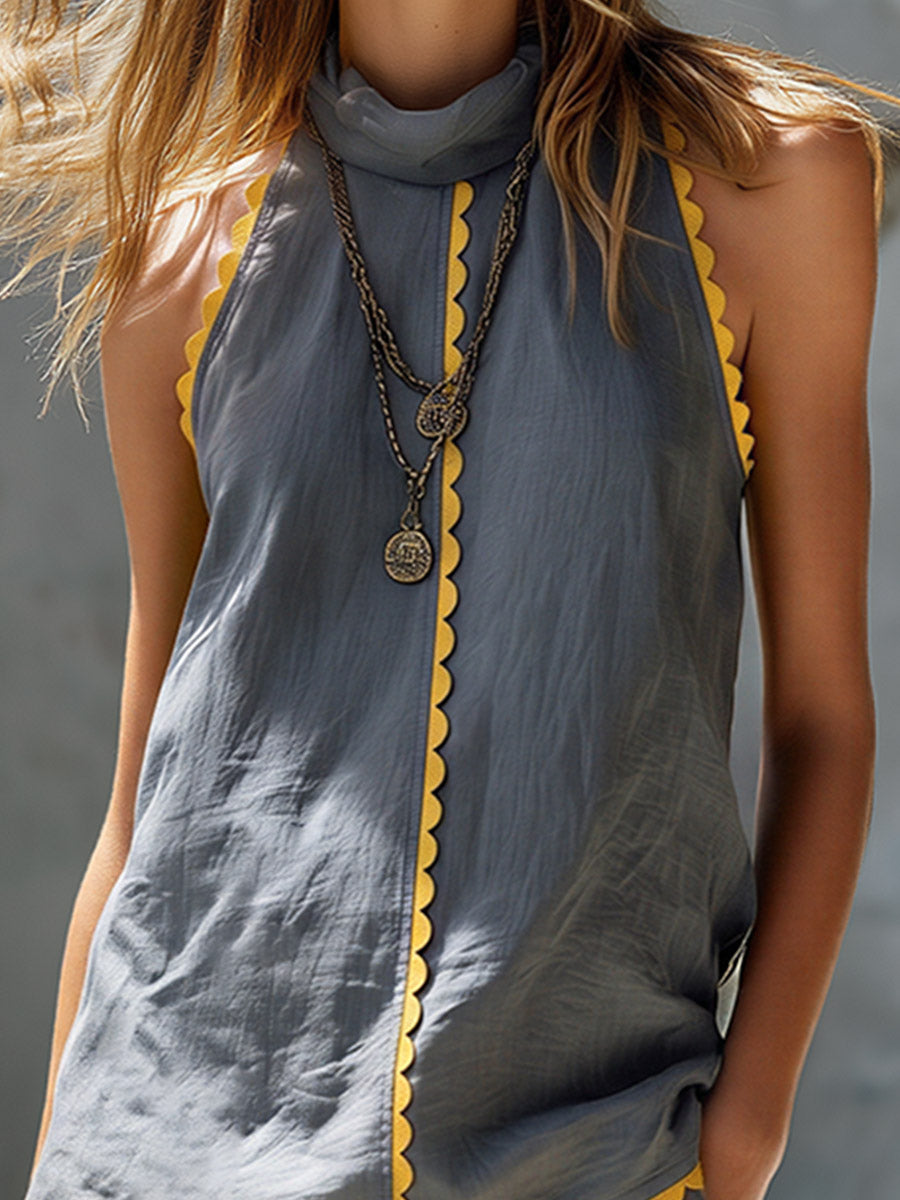 Simple Yet Striking Contrasting Wavy Trim Grey Cotton-Linen Top &amp; Shorts Set