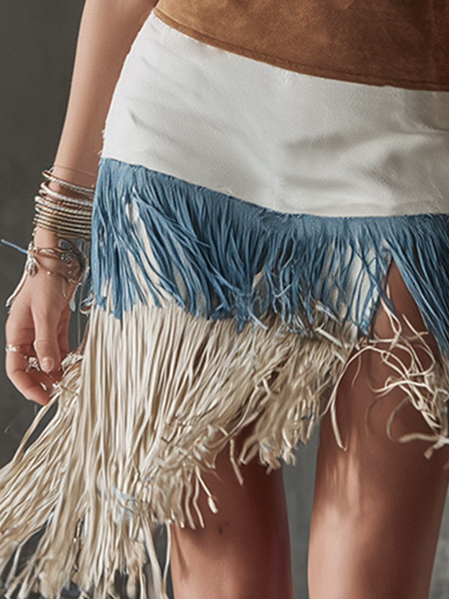 Retro-Chic Fringes Contrast Off-White Mini Dress