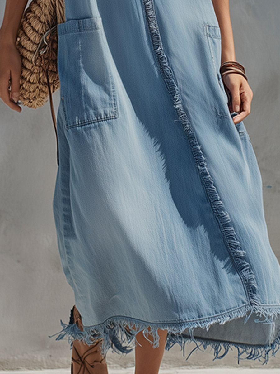 Minimalist Summer Raw-Hem Lightweight Light Blue Denim Maxi Dress