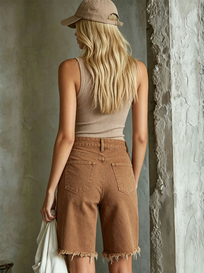 Retro-style Frayed Edges, Multi-pocket Denim Shorts