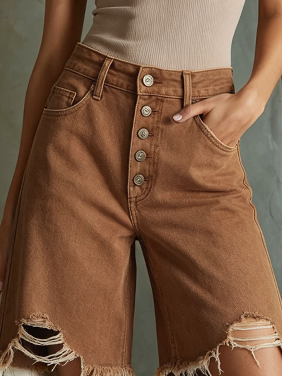 Retro-style Frayed Edges, Multi-pocket Denim Shorts
