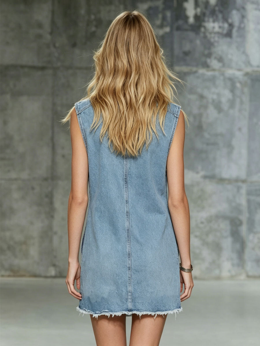 Retro-style Collared Zippered Multi-pocket Denim Sleeveless Mini Dress