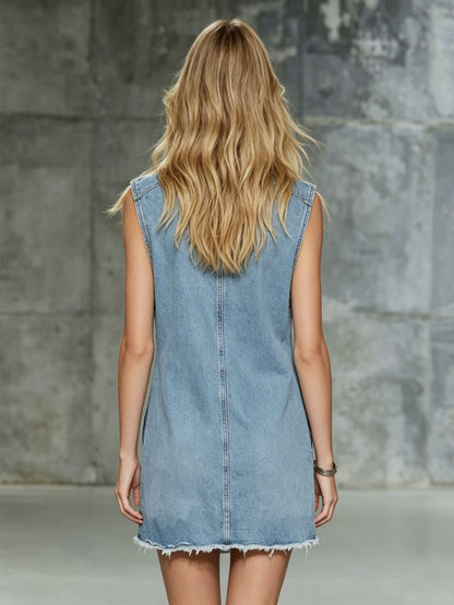 Retro-style Collared Zippered Multi-pocket Denim Sleeveless Mini Dress