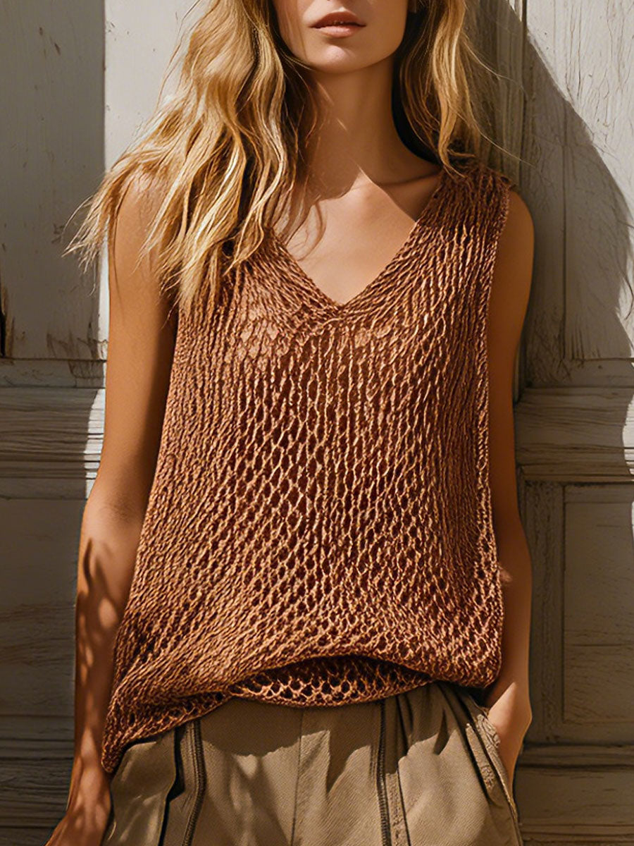 Retro Casual Reddish-brown Knit Vest And Khaki Shorts Set