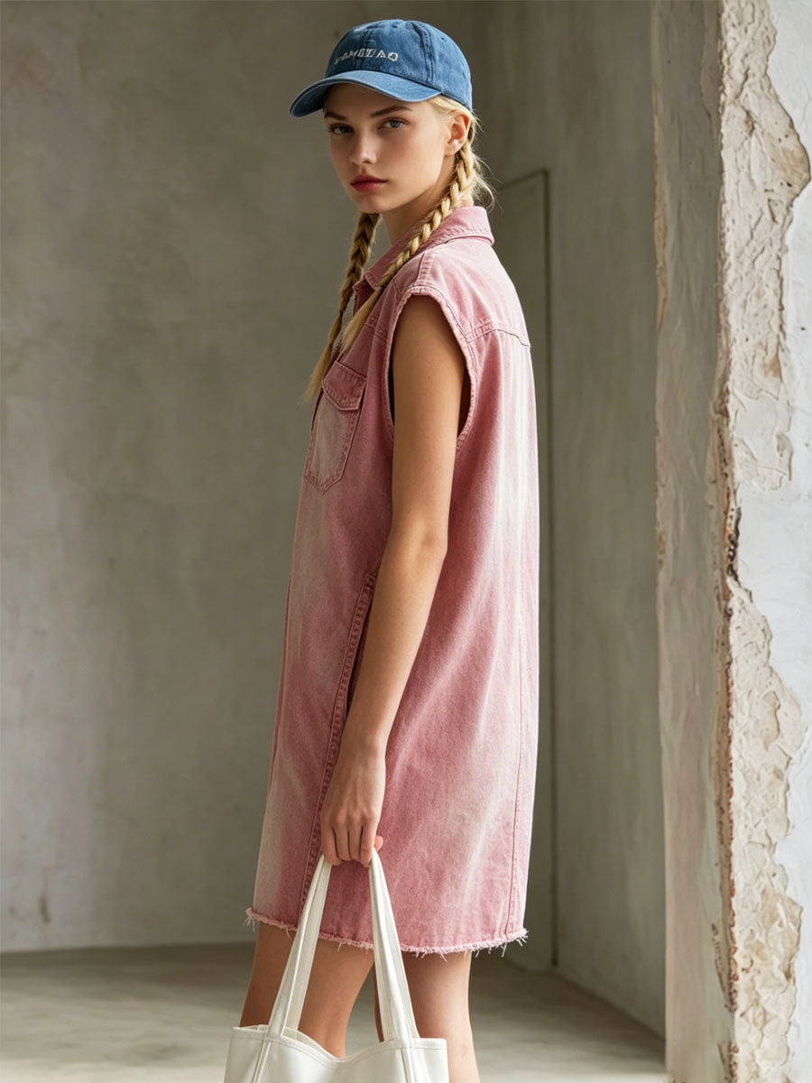 Pink Collared Zip-up Pocket Sleeveless Denim Mini Dress