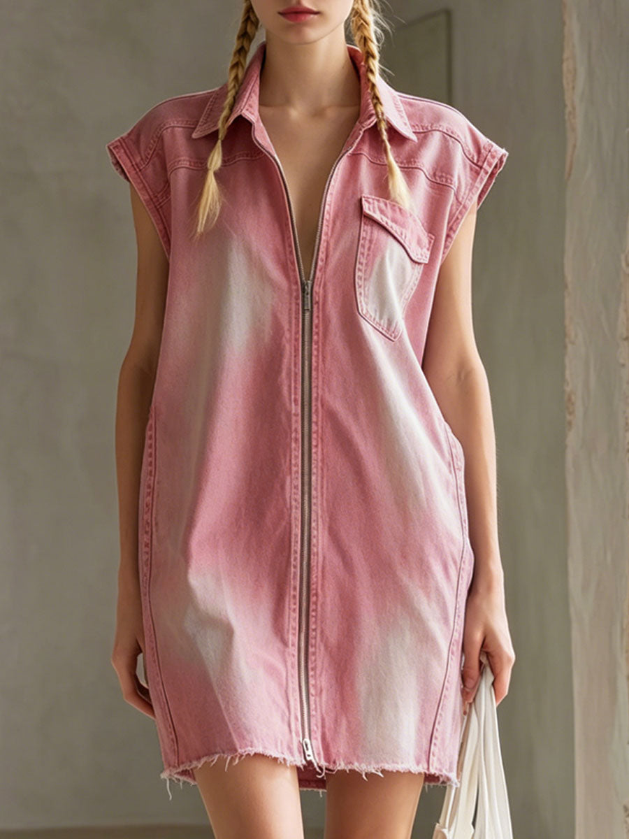Pink Collared Zip-up Pocket Sleeveless Denim Mini Dress