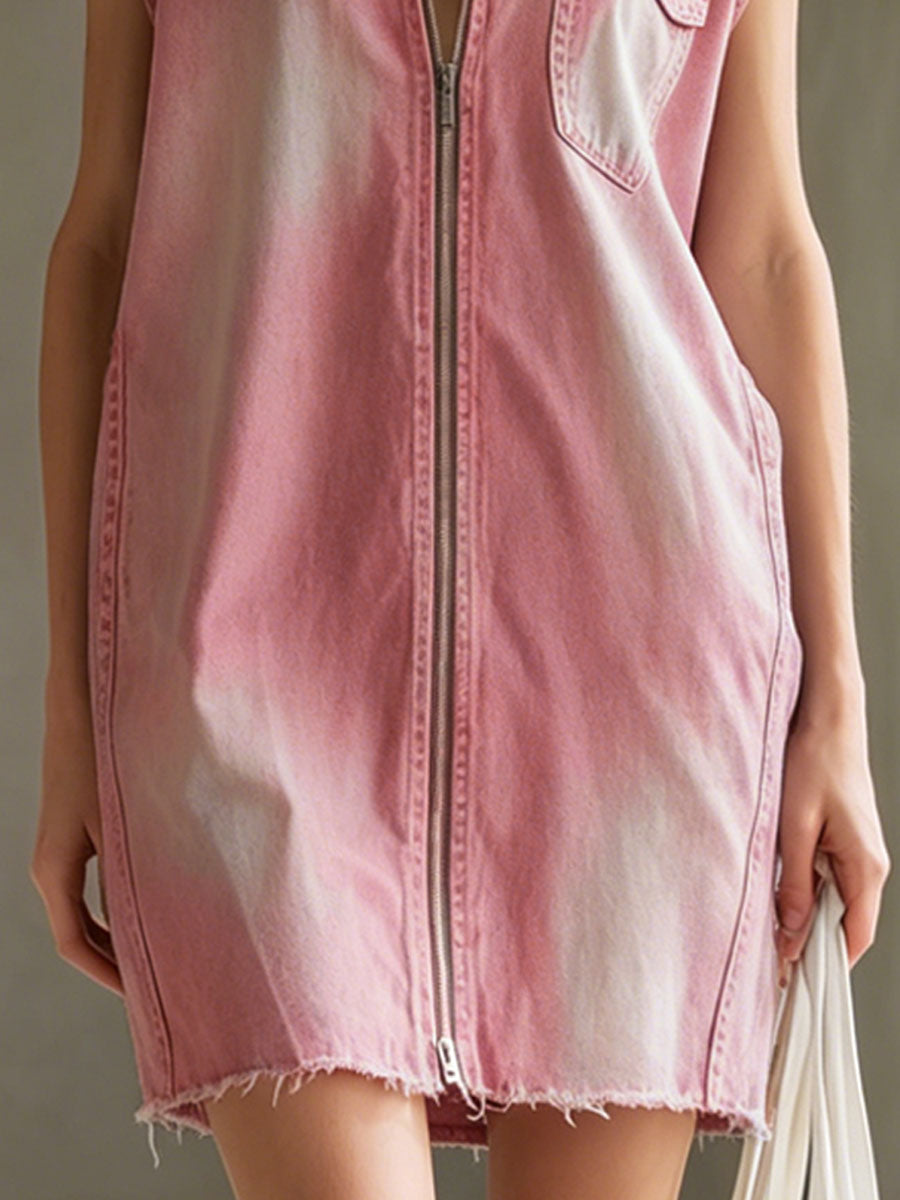 Pink Collared Zip-up Pocket Sleeveless Denim Mini Dress