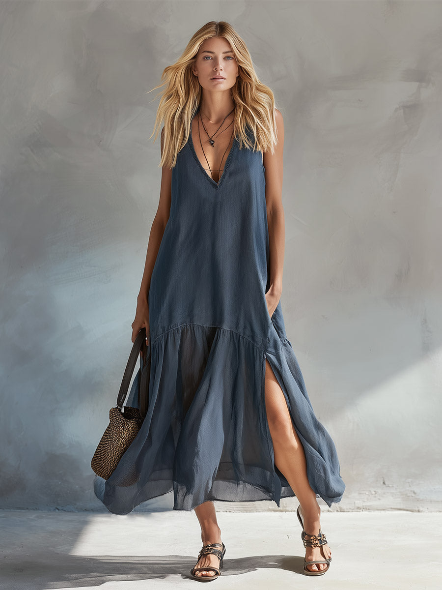 Urban Chic Grey-Blue Cotton Chiffon Patchwork Maxi Dress
