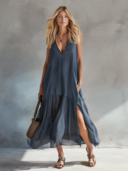 Urban Chic Grey-Blue Cotton Chiffon Patchwork Maxi Dress